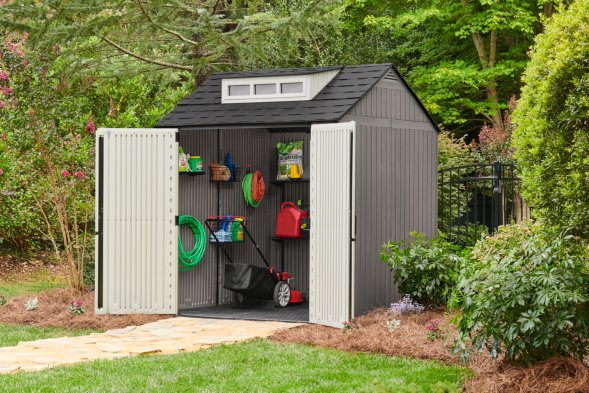Rubbermaid 10.5 ft x 7 ft Easy Install Outdoor Storage Shed – Durable Resin, Water-Resistant, Double-Wall Design (Gray) – Part #2191911