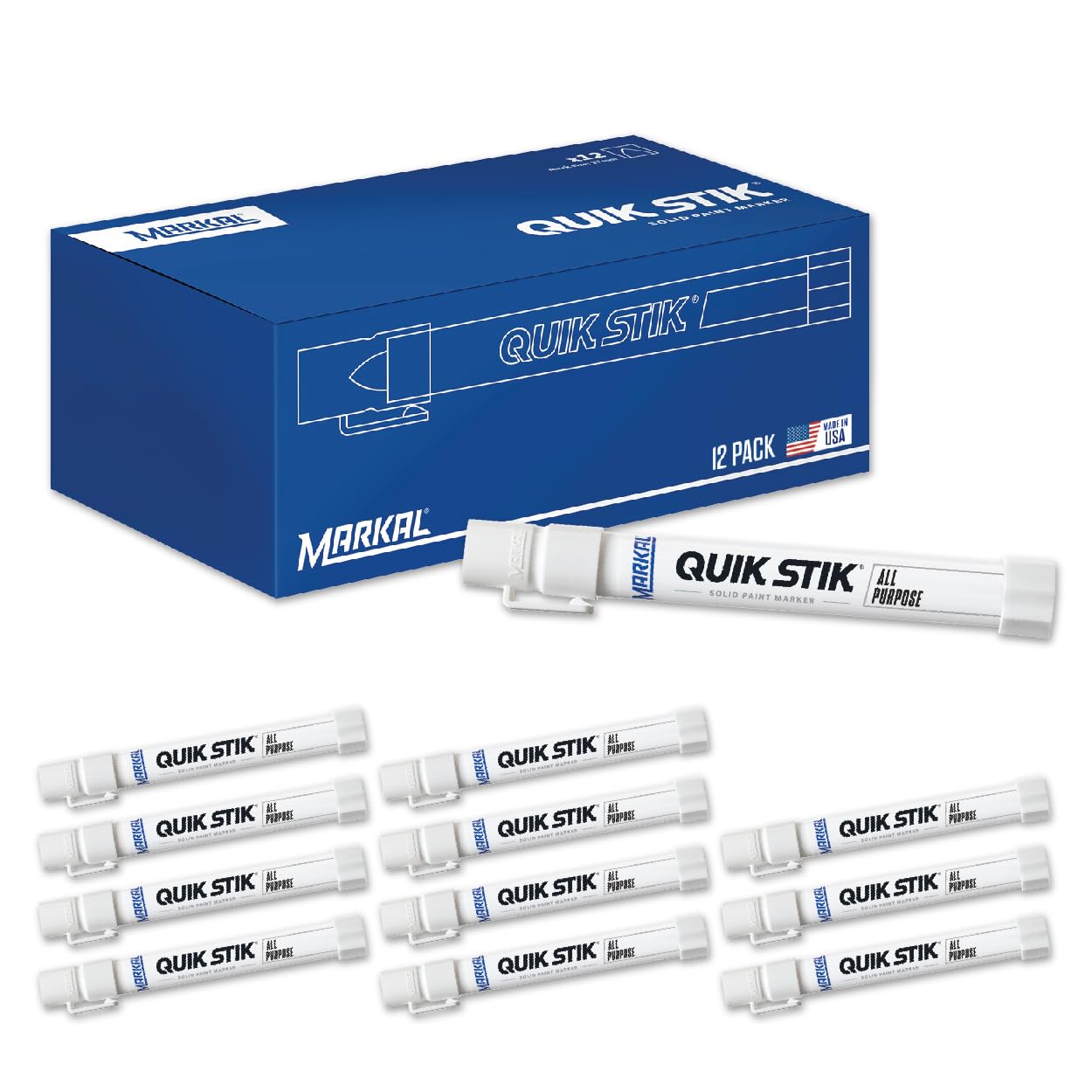 Markal 61051 Quik Stik Twist Long‑Lasting Solid Paint Marker – White, Pack of 12