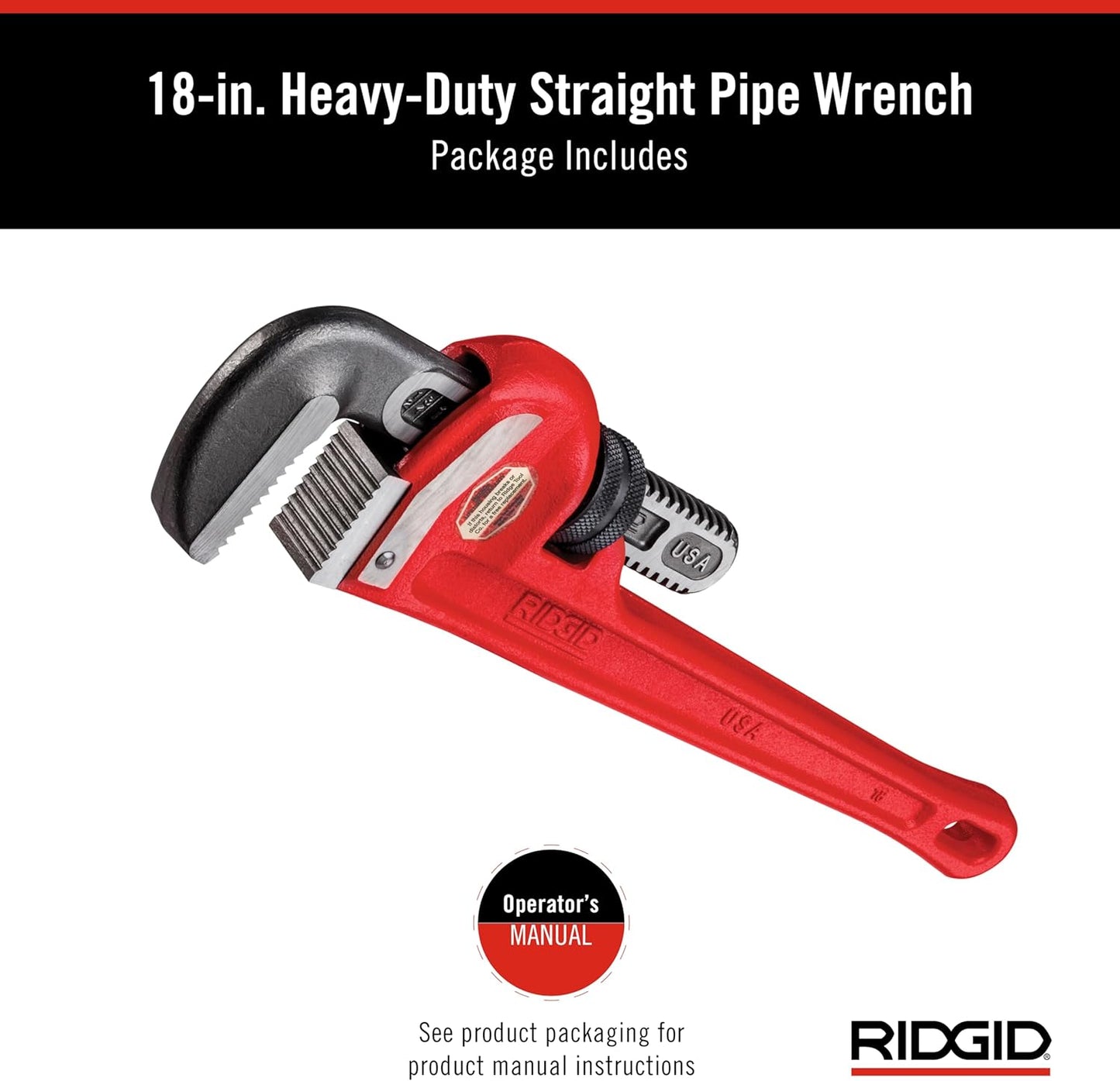 RIDGID 31025 Model 18 Heavy-Duty Straight Pipe Wrench – 18-Inch, Red, Iron Construction