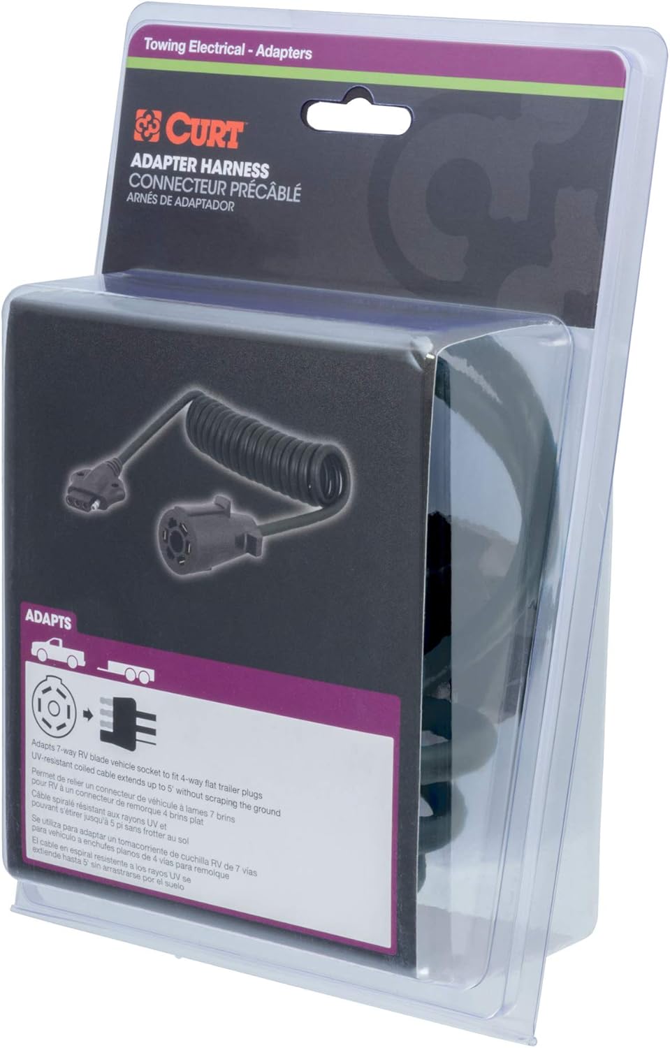Curt Manufacturing 57282 7-Way RV Blade to 5-Way Coiled Adapter, 8 ft Length