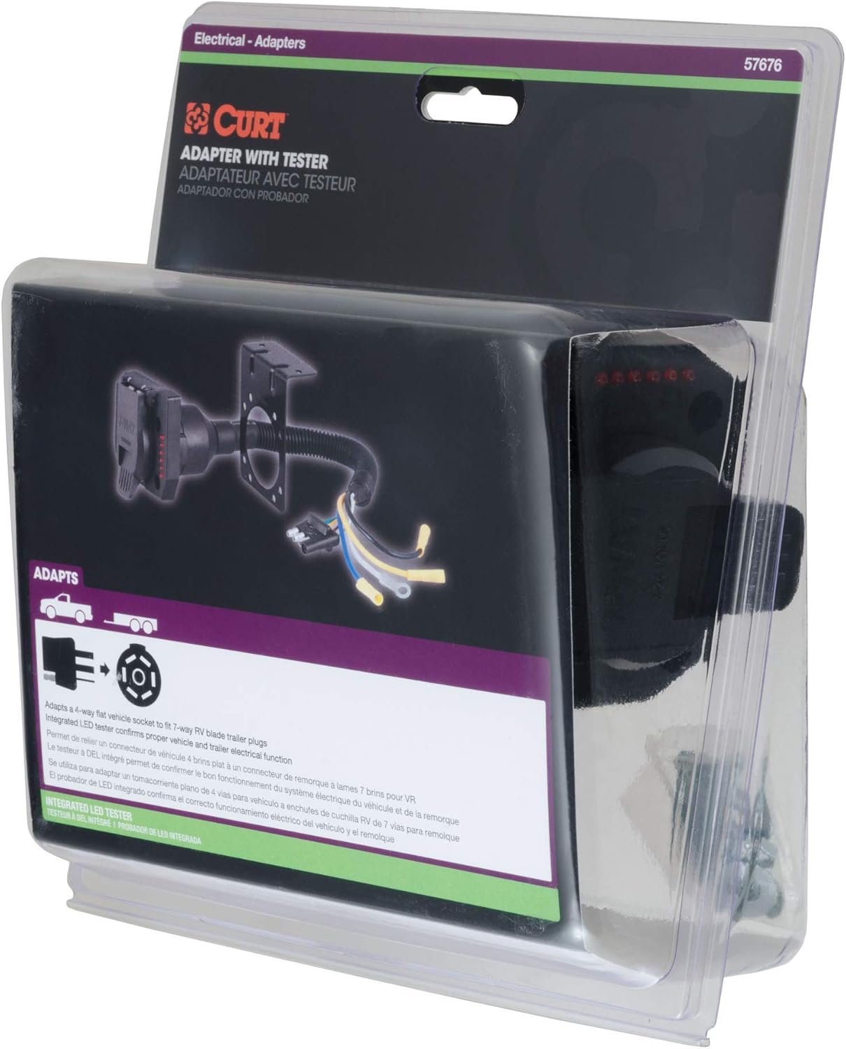 Curt Manufacturing 57676 7-Way Round to 4-Way Flat Trailer Wiring Adapter with Integrated Test Lamps