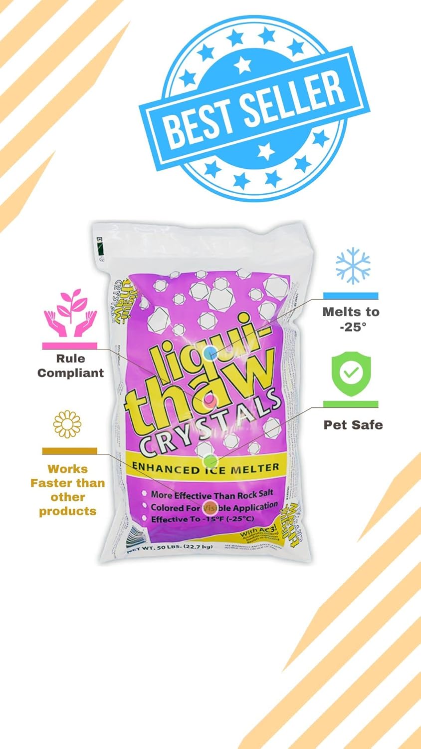 Bag of 'liqui thaw crystals' ice melter with branding and product features on a white background