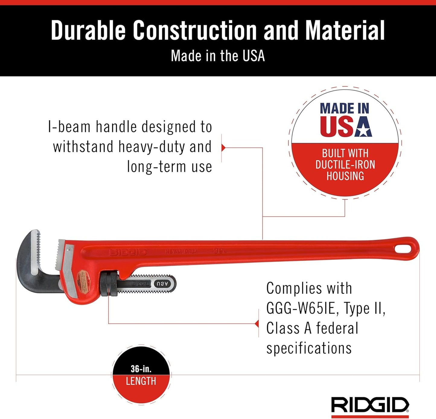 RIDGID 31035 Model 36 Heavy-Duty Straight Pipe Wrench – 36" Adjustable Plumbing Wrench