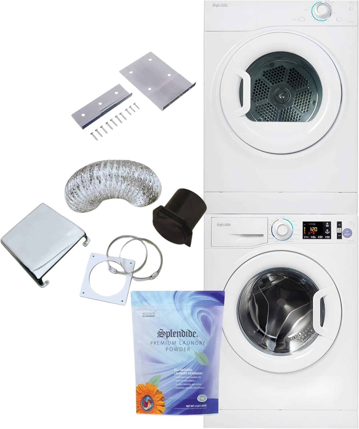 Splendide WFL1300XD Washer & DV6500X Dryer Stackable Bundle – Includes Vent Kit, SK03 Stack Kit & Starter Laundry Powder | Free Shipping