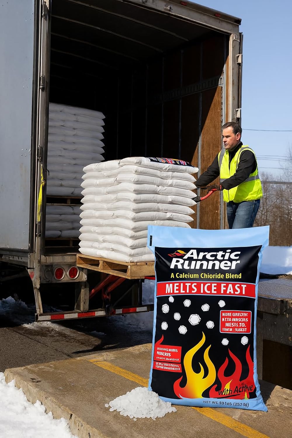 Arctic Runner Calcium Chloride Ice Melt – 50 lb Bags (49 Count Pallet) | Melts to -15°F | Pet, Concrete & Plant Safe | Commercial Grade Deicer