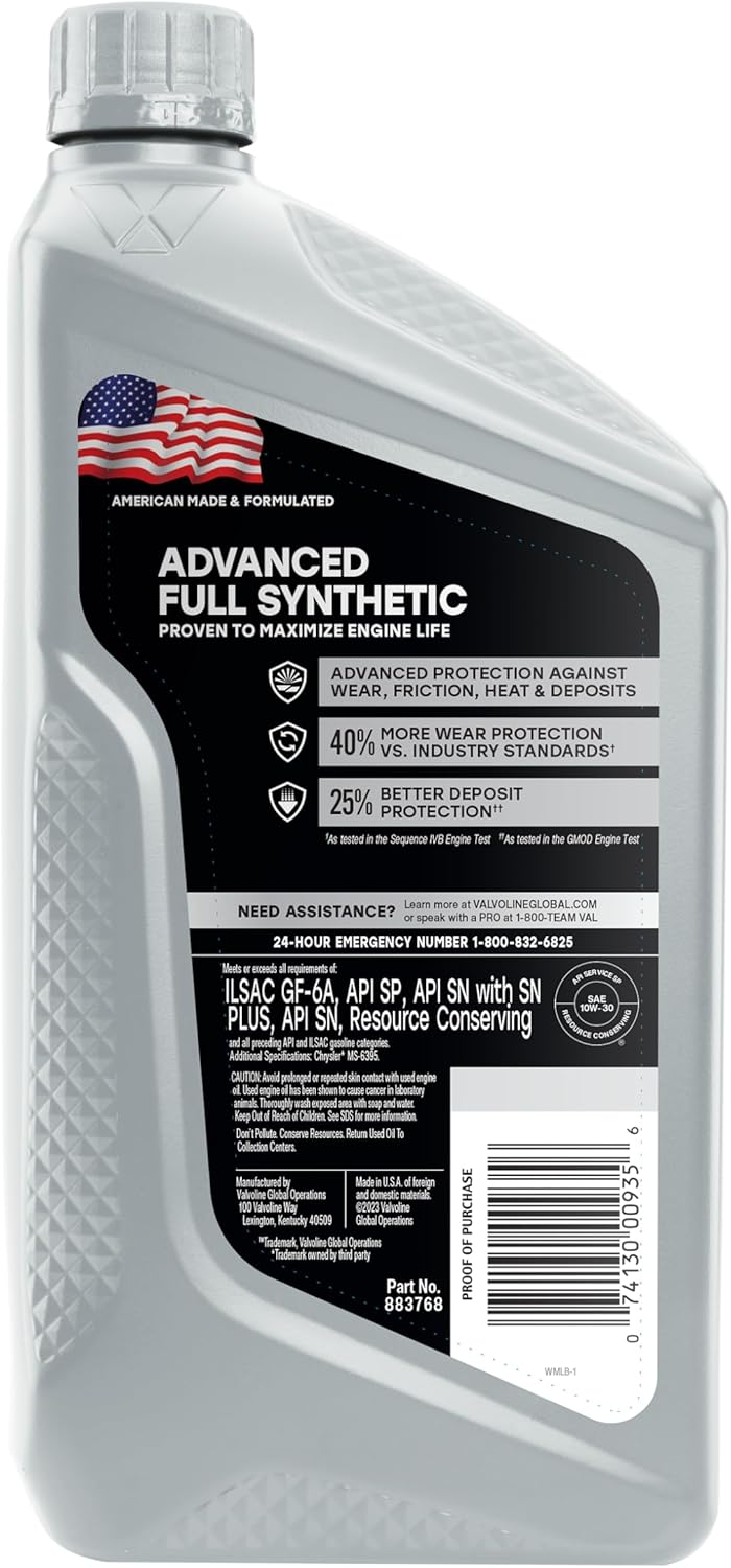 Valvoline Advanced Full Synthetic SAE 5W-20 Motor Oil 1 QT, Case of 6