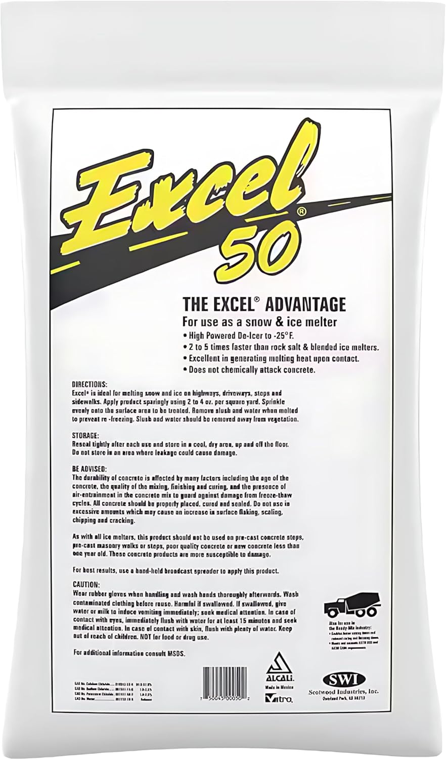 Excel 50 snow and ice melter packaging with text and branding.