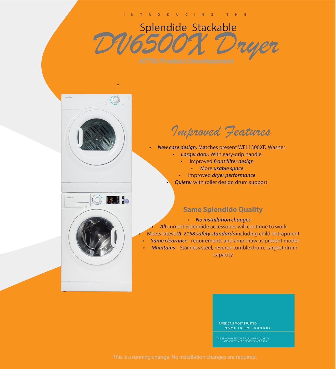 Splendide WFL1300XD Washer & DV6500X Dryer Stackable Bundle – Includes Vent Kit, SK03 Stack Kit & Starter Laundry Powder | Free Shipping