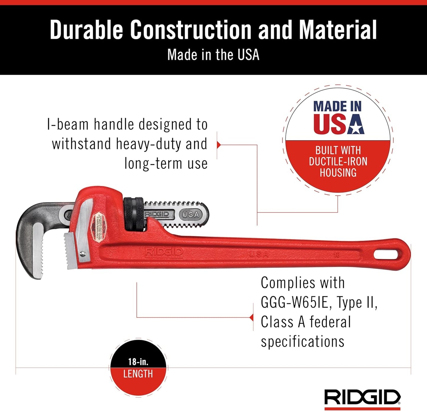RIDGID 31025 Model 18 Heavy-Duty Straight Pipe Wrench – 18-Inch, Red, Iron Construction