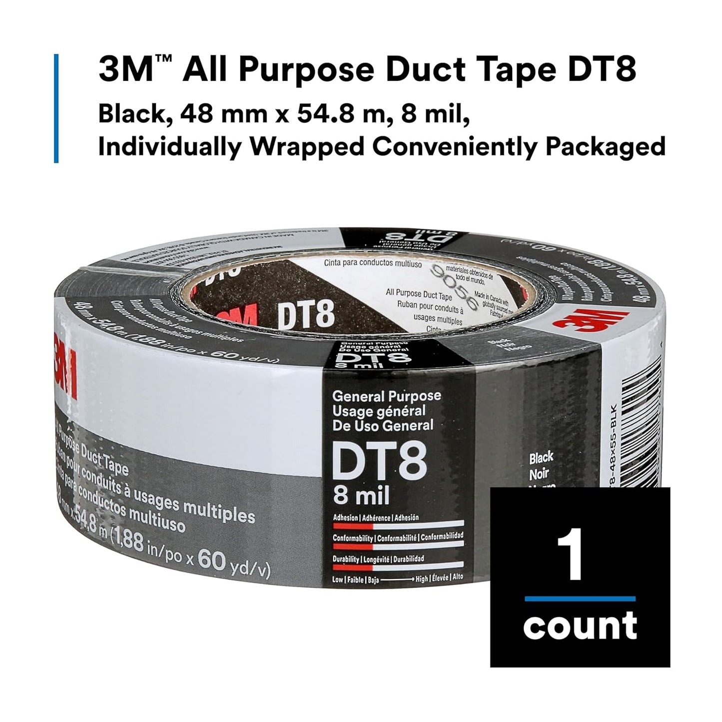 3M DT8 Industrial Strength Multi-Use Duct Tape, Silver, 1.88in x 60 yd x 8 mil Thickness – Professional Grade Adhesive, 1 Pack