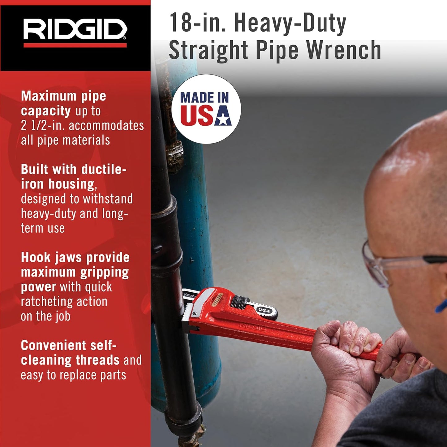 RIDGID 31025 Model 18 Heavy-Duty Straight Pipe Wrench – 18-Inch, Red, Iron Construction