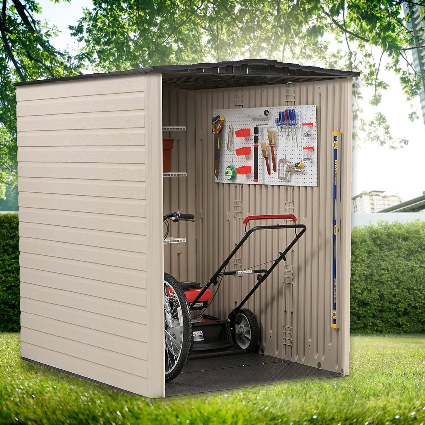 Rubbermaid FG5L3000SDONX 5x6 ft Resin Outdoor Storage Shed – Heavy-Duty Weather-Resistant Vertical Shed in Sandstone