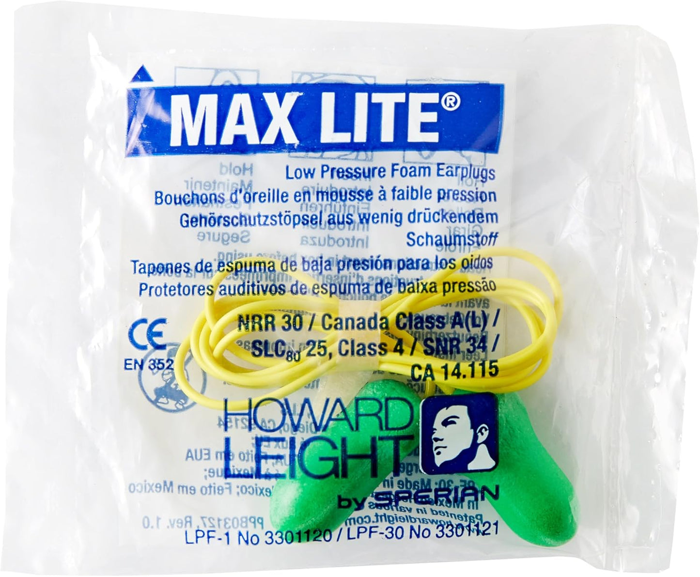 Howard Leight Max Lite LPF30 Corded Earplugs – 100 Pairs | NRR 30 Noise Reduction, Green Foam