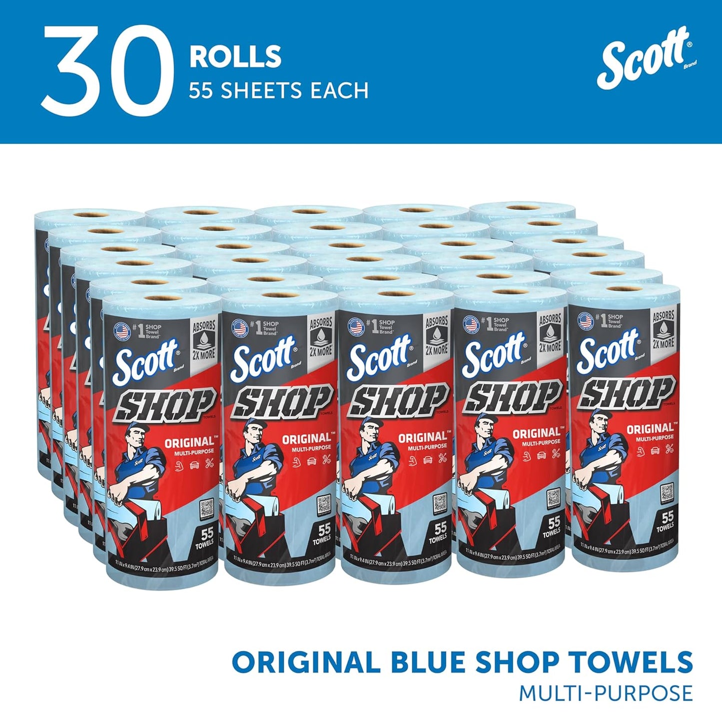 Scott Original Multi-Purpose Shop Towels – Blue, 11" x 9.4", 55 Sheets per Roll, 30 Rolls/Case – 75130