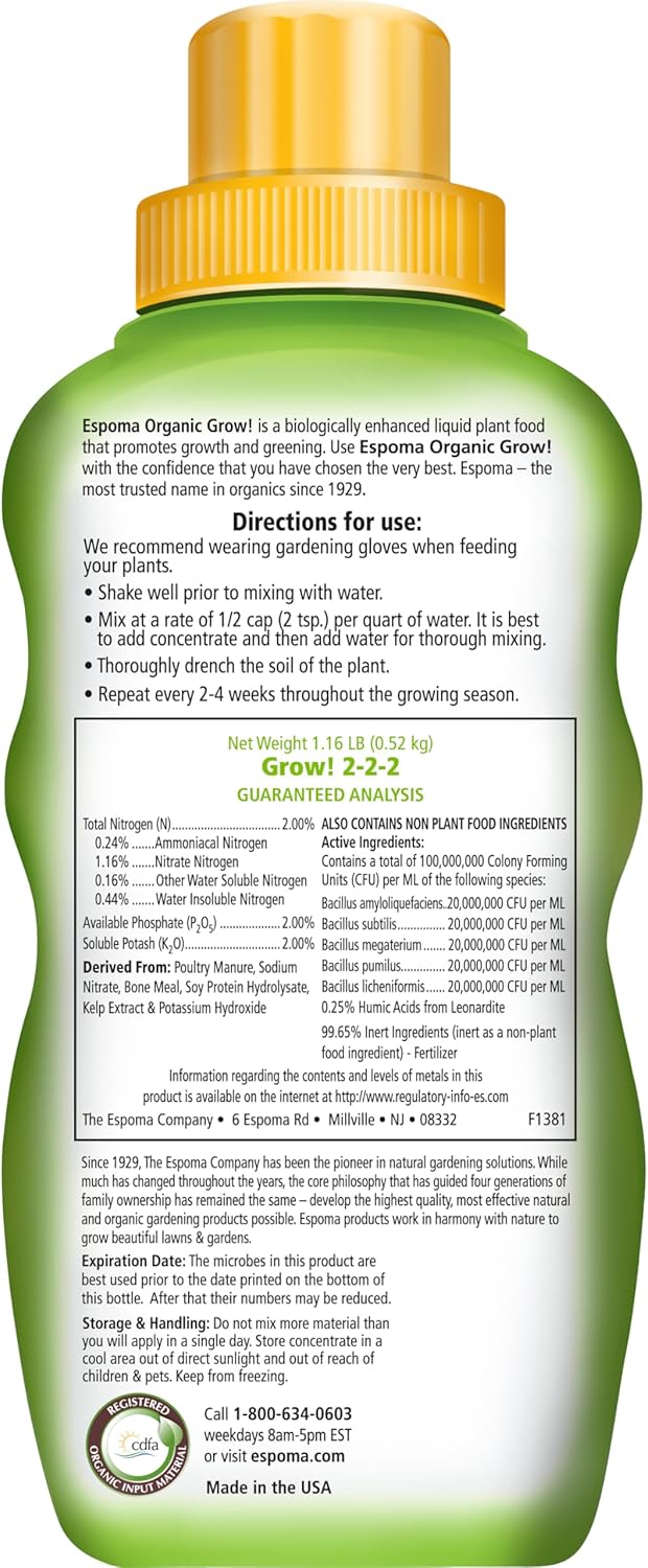 Espoma Organic Grow! 2-2-2 Liquid Plant Food – All-Purpose Fertilizer for Indoor & Outdoor Plants – 16oz Concentrate