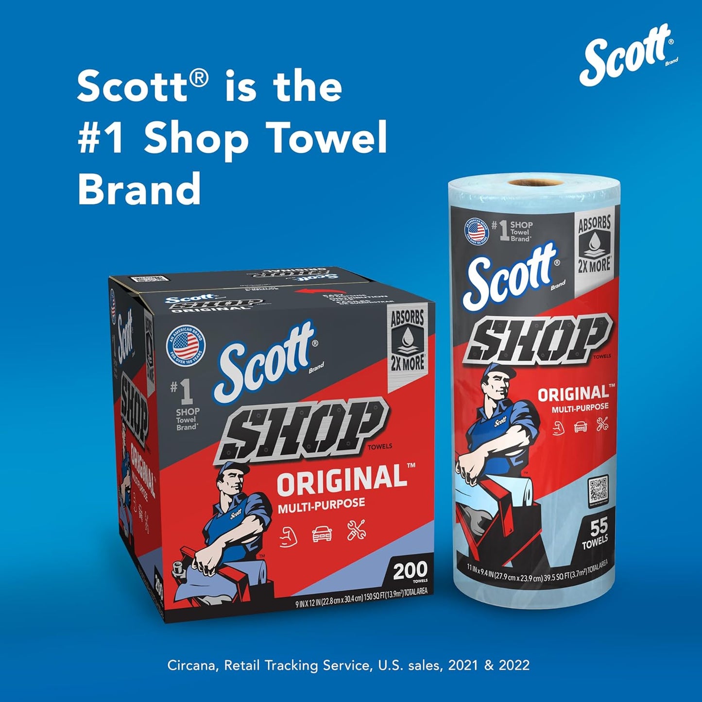 Scott Original Multi-Purpose Shop Towels – Blue, 11" x 9.4", 55 Sheets per Roll, 30 Rolls/Case – 75130