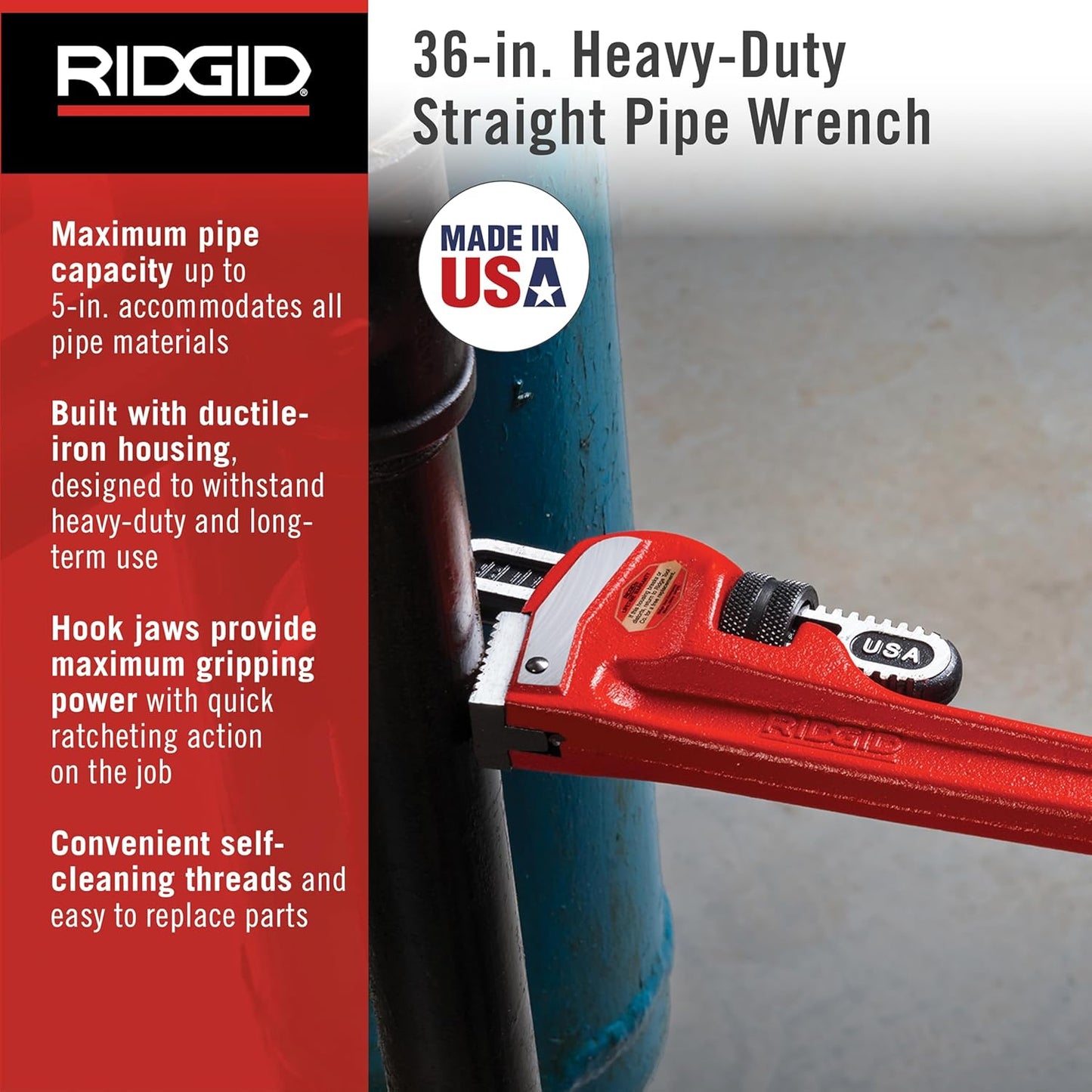 RIDGID 31035 Model 36 Heavy-Duty Straight Pipe Wrench – 36" Adjustable Plumbing Wrench