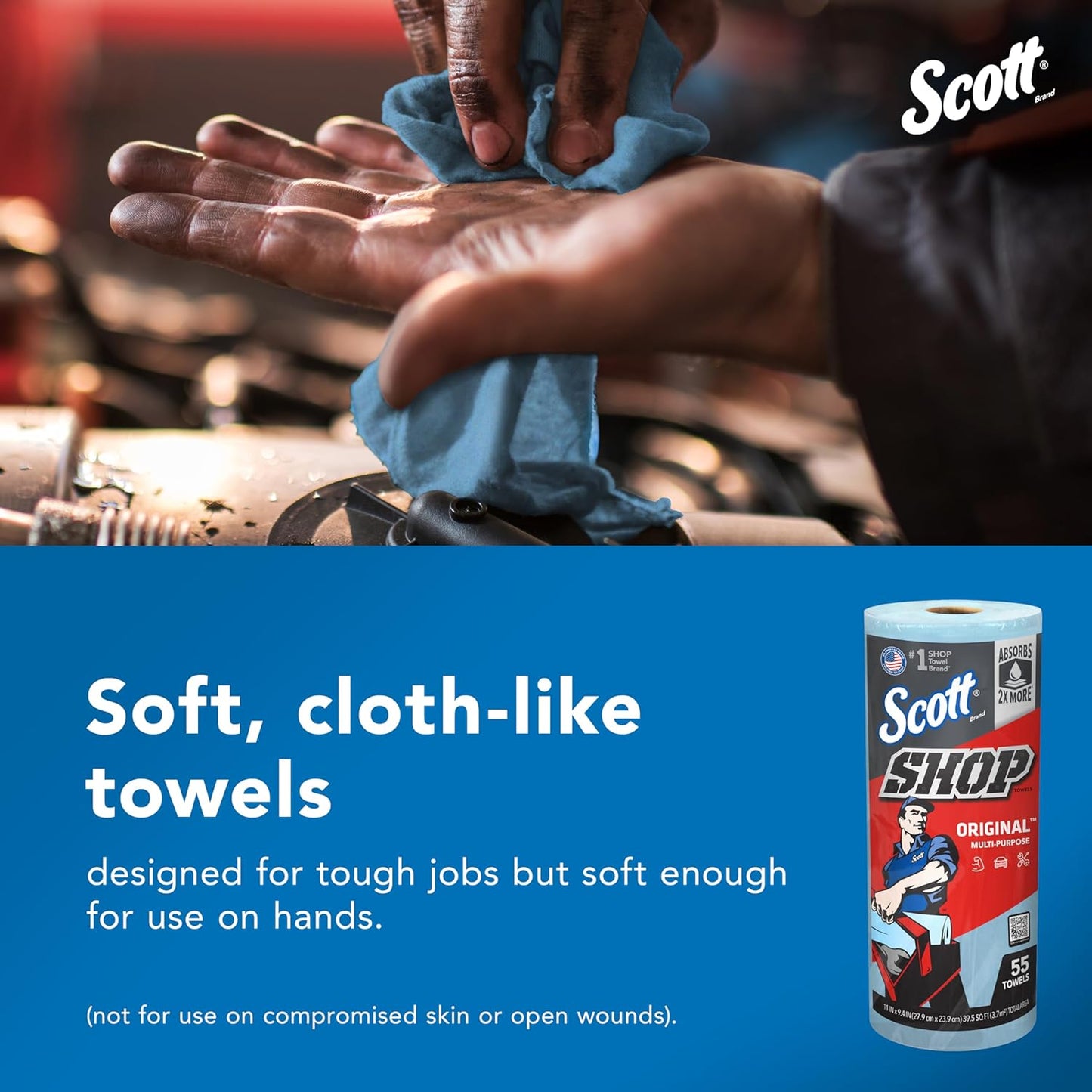 Scott Original Multi-Purpose Shop Towels – Blue, 11" x 9.4", 55 Sheets per Roll, 30 Rolls/Case – 75130