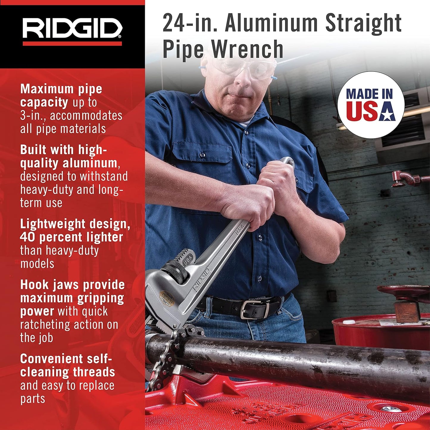 RIDGID 31105 Model 824 Aluminum Straight Pipe Wrench – 24-Inch Heavy-Duty Plumbing Tool (Grey)