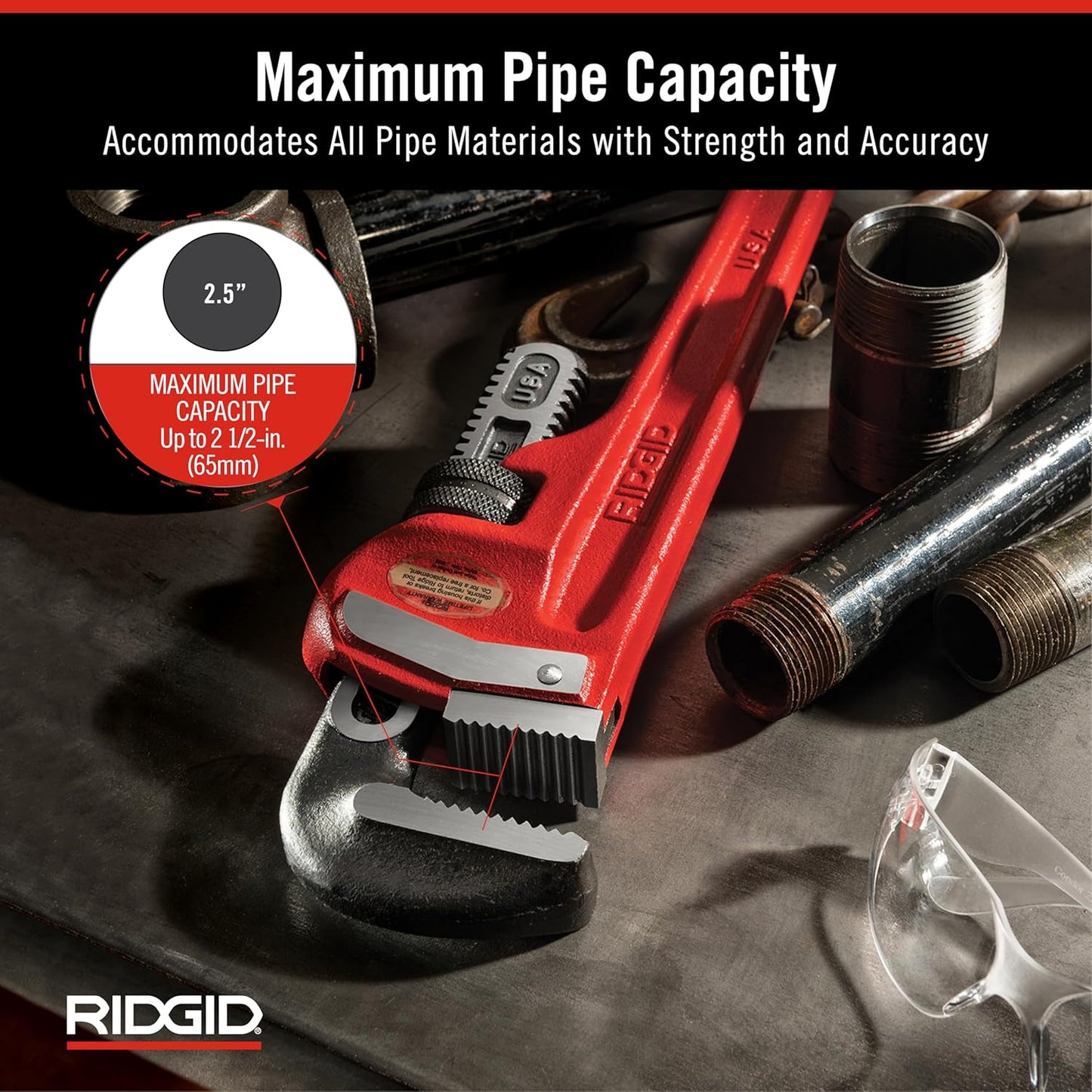 RIDGID 31025 Model 18 Heavy-Duty Straight Pipe Wrench – 18-Inch, Red, Iron Construction