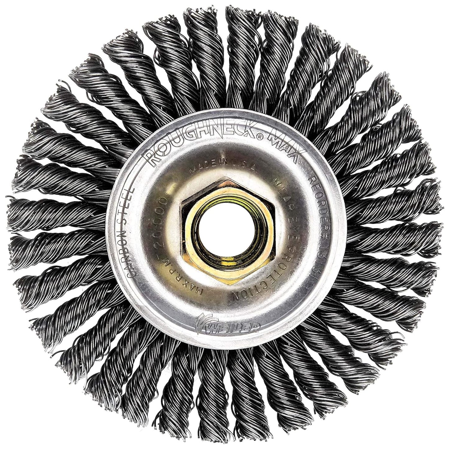 Weiler 13131 ROUGHNECK MAX™ 4" Stringer Bead Wheel – .020" Steel Fill, 5/8"-11 UNC Nut, Weld Cleaning Brush – Made in USA