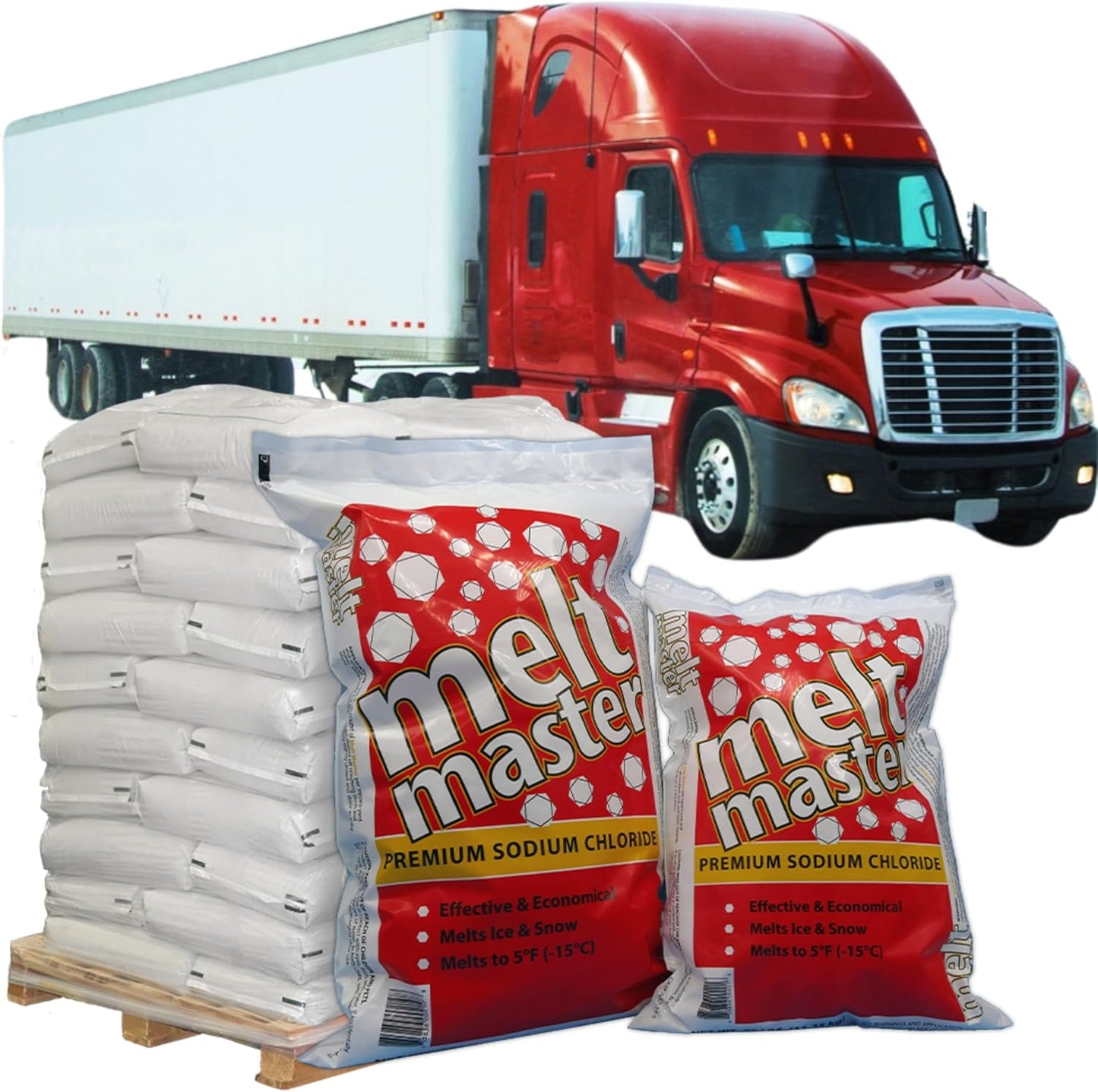 Red truck with bags of Melt Master salt on a white background
