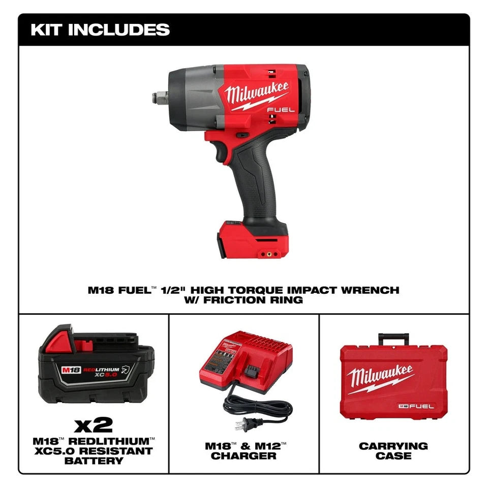 Milwaukee M18™ 2967-22 1/2" High Torque Impact Wrench Kit with Friction Ring – 2000 RPM, Tool/Battery/Charger/Case