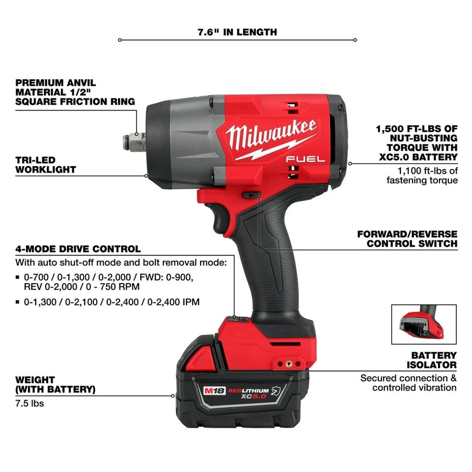 Milwaukee M18™ 2967-22 1/2" High Torque Impact Wrench Kit with Friction Ring – 2000 RPM, Tool/Battery/Charger/Case
