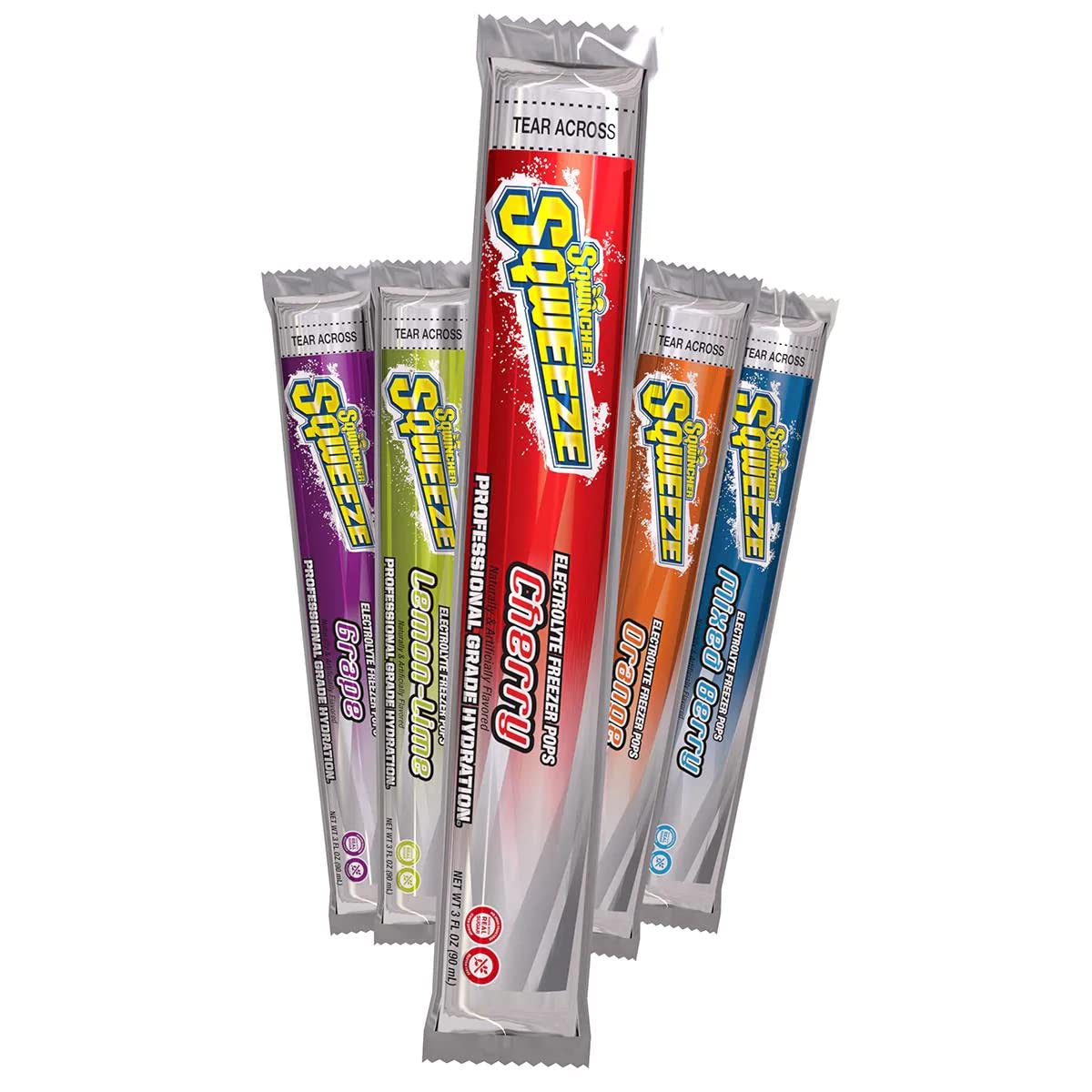 Five packages of Squeeze Brand products on a white background