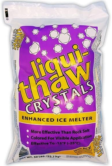 Bag of liqui-thaw crystals ice melter with purple and yellow label.