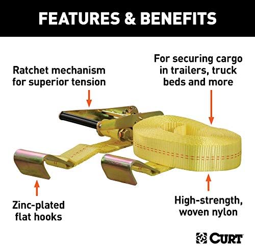 Curt Manufacturing 83048 Single 10,000 lb Ratchet Strap - 27 ft x 2 in Yellow with Yellow Zinc Flat Hooks