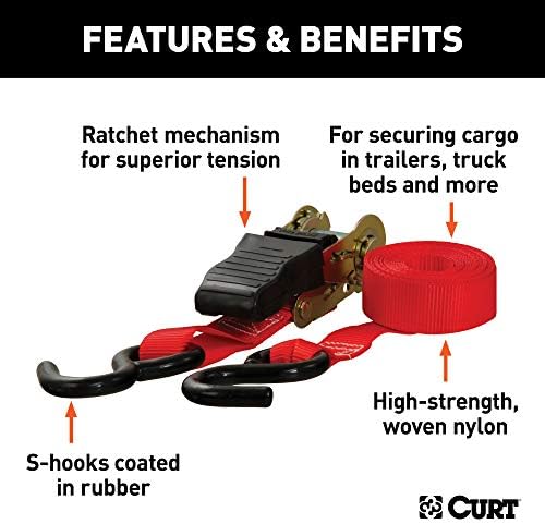 Curt Manufacturing 83002 10 ft Red Ratchet Strap with Rubber-Coated Hooks (4 Pack)