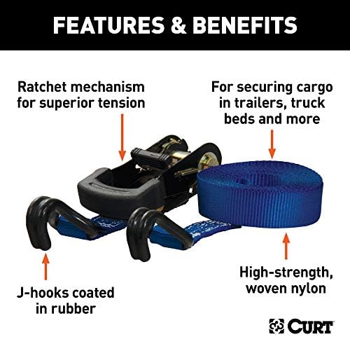 Curt Manufacturing 83019 16 ft Blue Ratchet Strap with Rubber-Coated Hooks