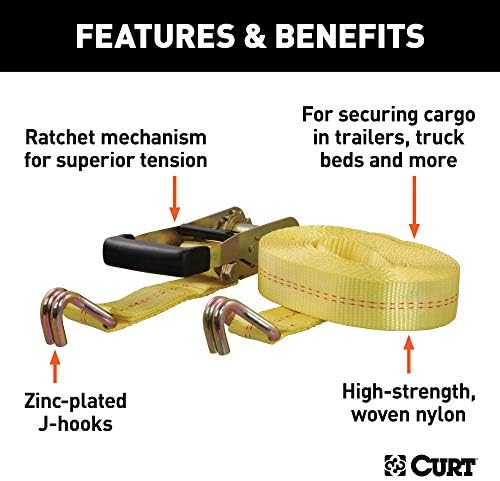 Curt Manufacturing 83047 27 ft Yellow Ratchet Strap with Yellow Zinc J-Hooks