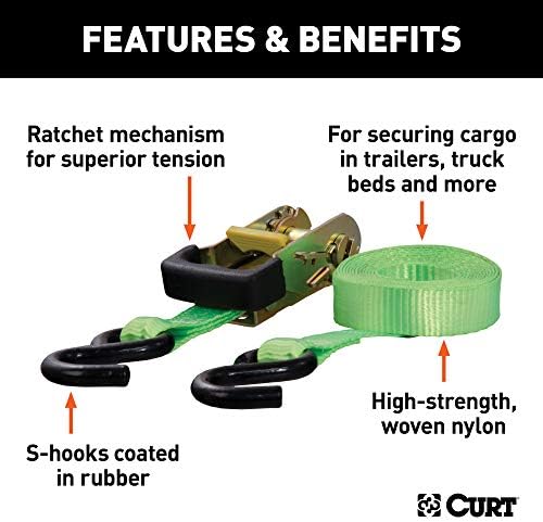 Curt Manufacturing 83027 Lime Green 16 ft Ratchet Strap with Rubber-Coated Hooks