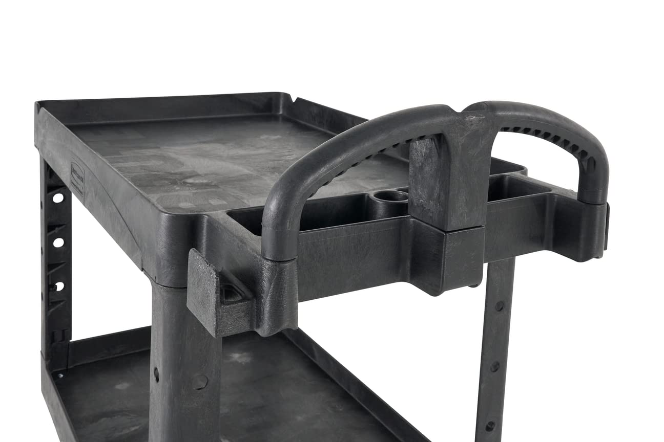 Rubbermaid Commercial Products 2‑Shelf Utility/Service Cart – Medium, Black Lipped Shelves, Ergonomic Handle, 500 lb Capacity (Model FG452088BLA)