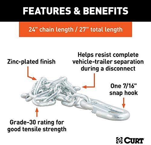 Curt Manufacturing 80313 Grade 30 Plus 1/4 Inch x 24 Inch J27 Steel Chain for Heavy-Duty Applications