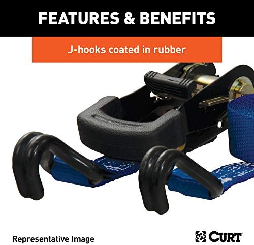 Curt Manufacturing 83019 16 ft Blue Ratchet Strap with Rubber-Coated Hooks