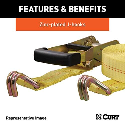 Curt Manufacturing 83047 27 ft Yellow Ratchet Strap with Yellow Zinc J-Hooks