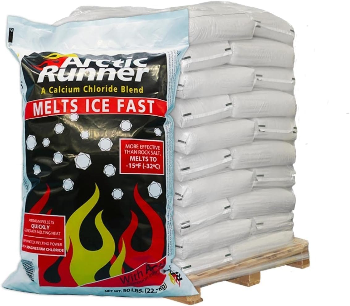 Stack of Arctic Runner ice melt bags on a pallet with packaging showing product details.