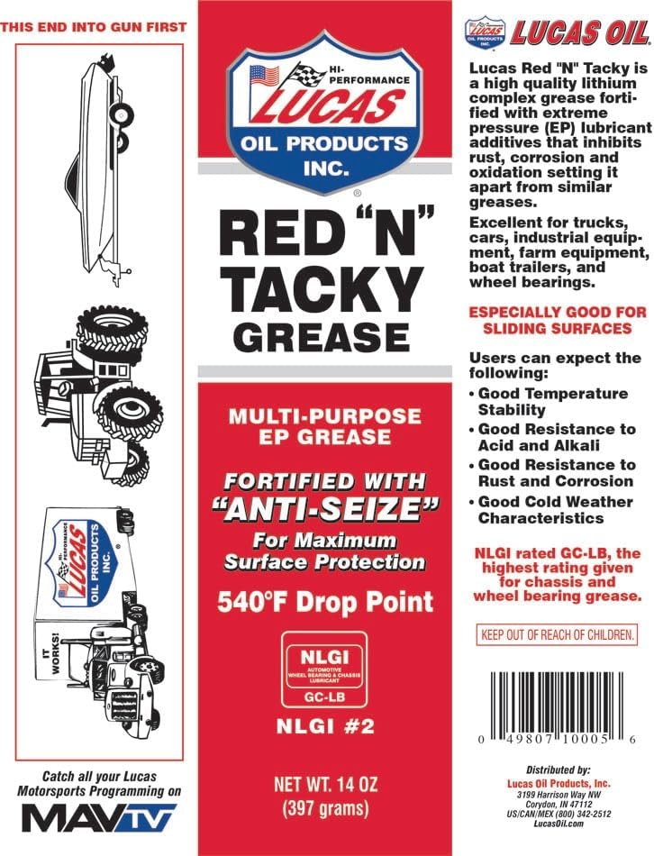 Lucas Oil 10005 Red N Tacky Grease - 14 Ounce Cartridge