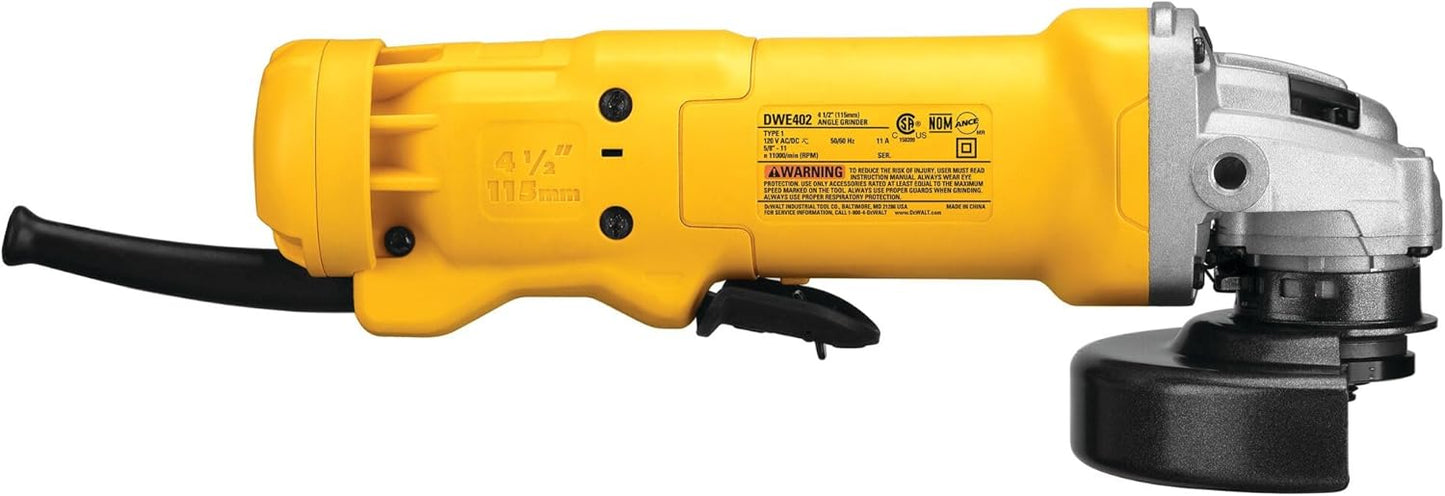 DEWALT DWE402 4.5" Angle Grinder – 11 Amp Motor, Paddle Switch, 11,000 RPM, Corded Power Tool