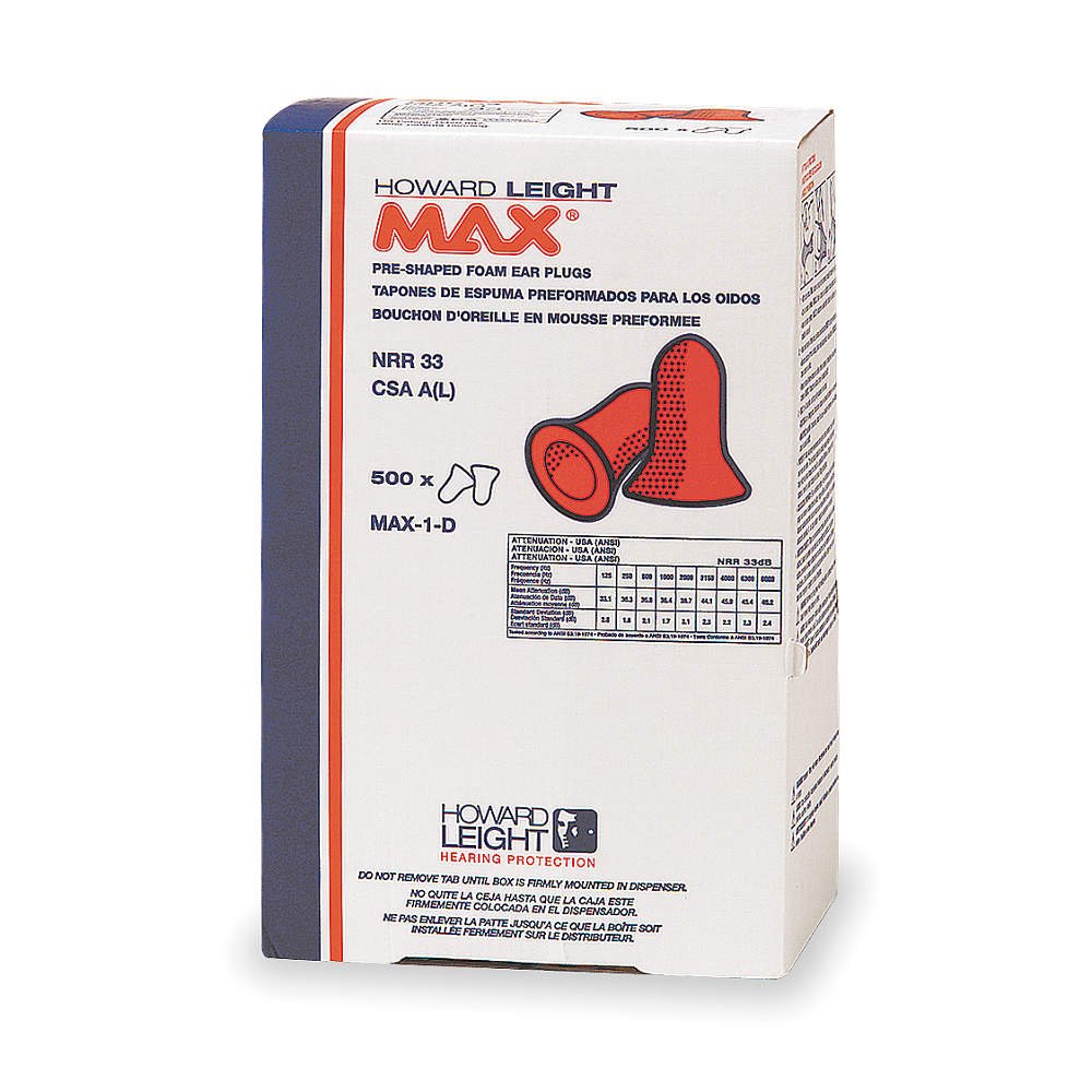 Honeywell / Howard Leight MAXIMUM Foam Earplugs – Uncorded Coral, Dispenser Box of 500 Pairs (Model MAX‑1‑D)