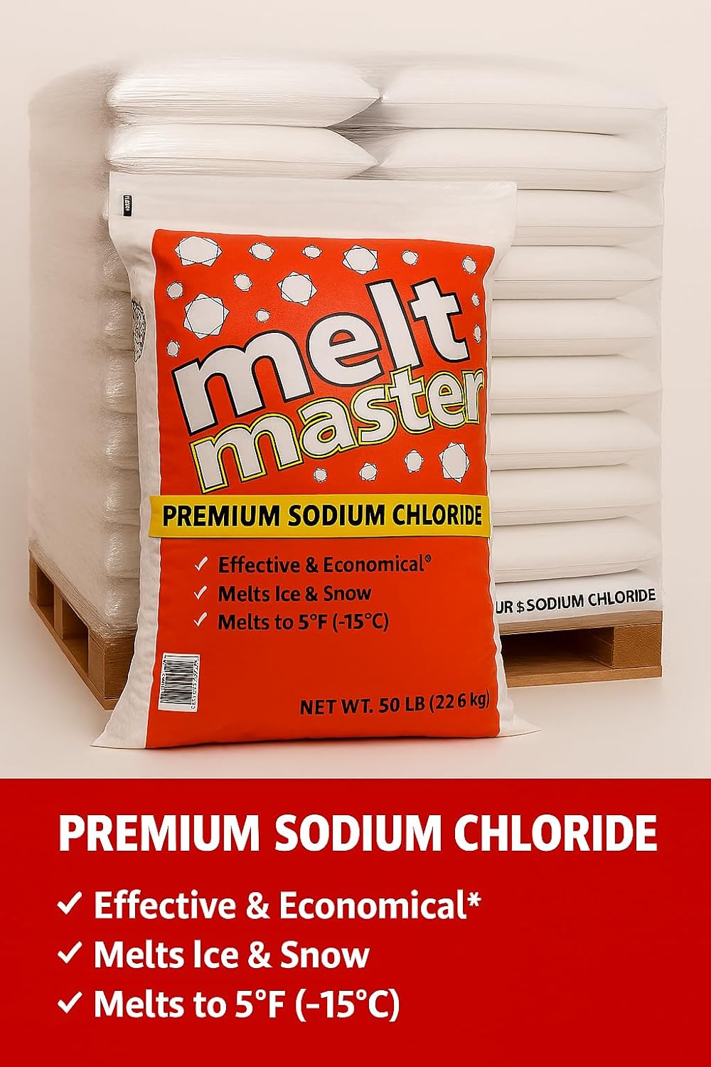 Bag of Melt Master premium sodium chloride with product details on a white background