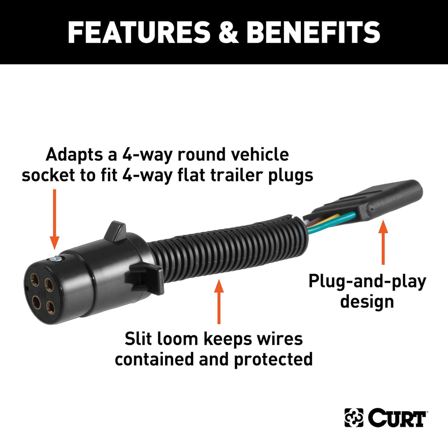 Curt Manufacturing 57224 4-Pole Round to 4 Flat Adapter for Light Duty Sockets