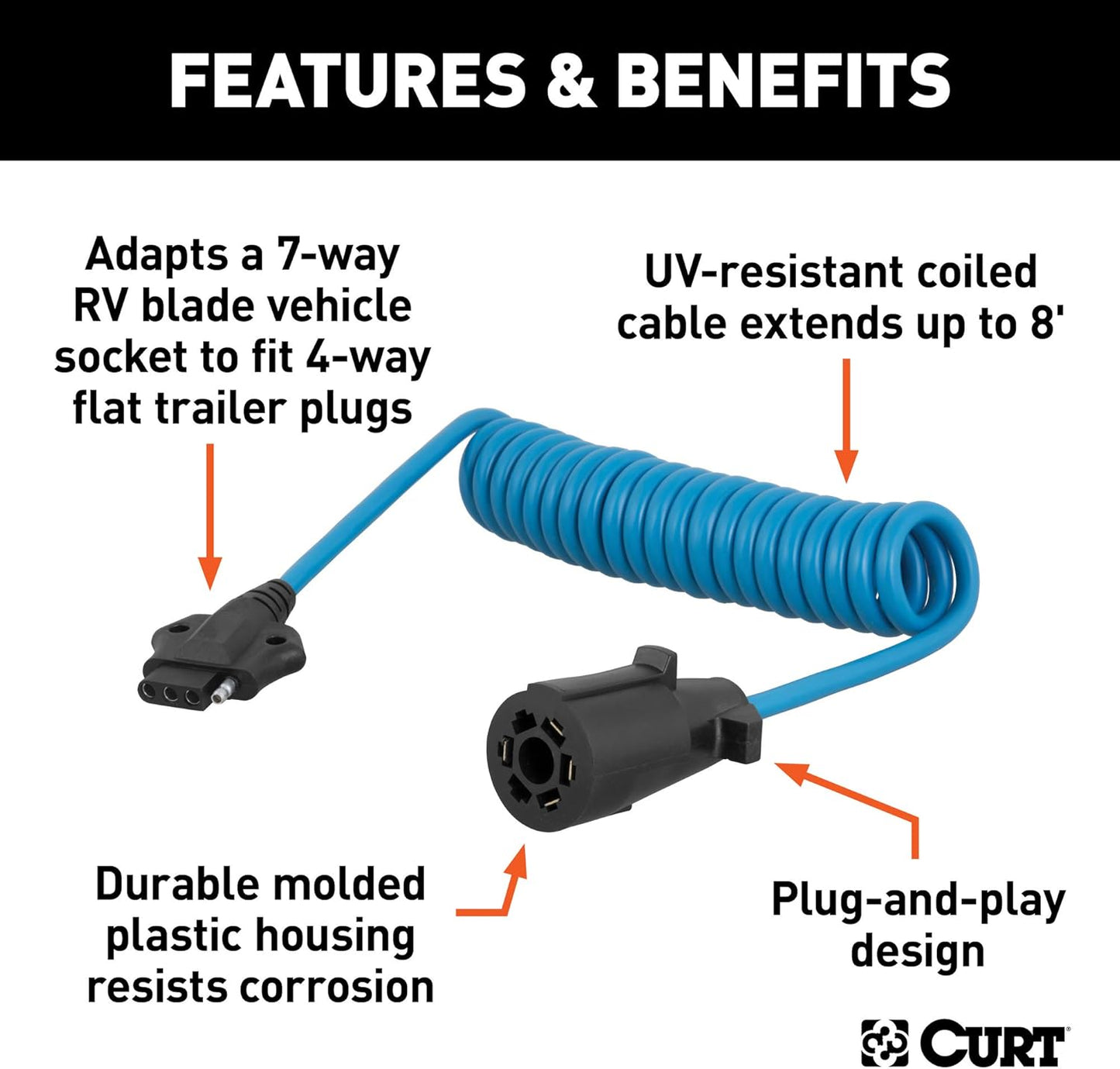 Curt Manufacturing 57280 7-Way RV Blade to 4-Way Flat 8 ft Coiled Adapter