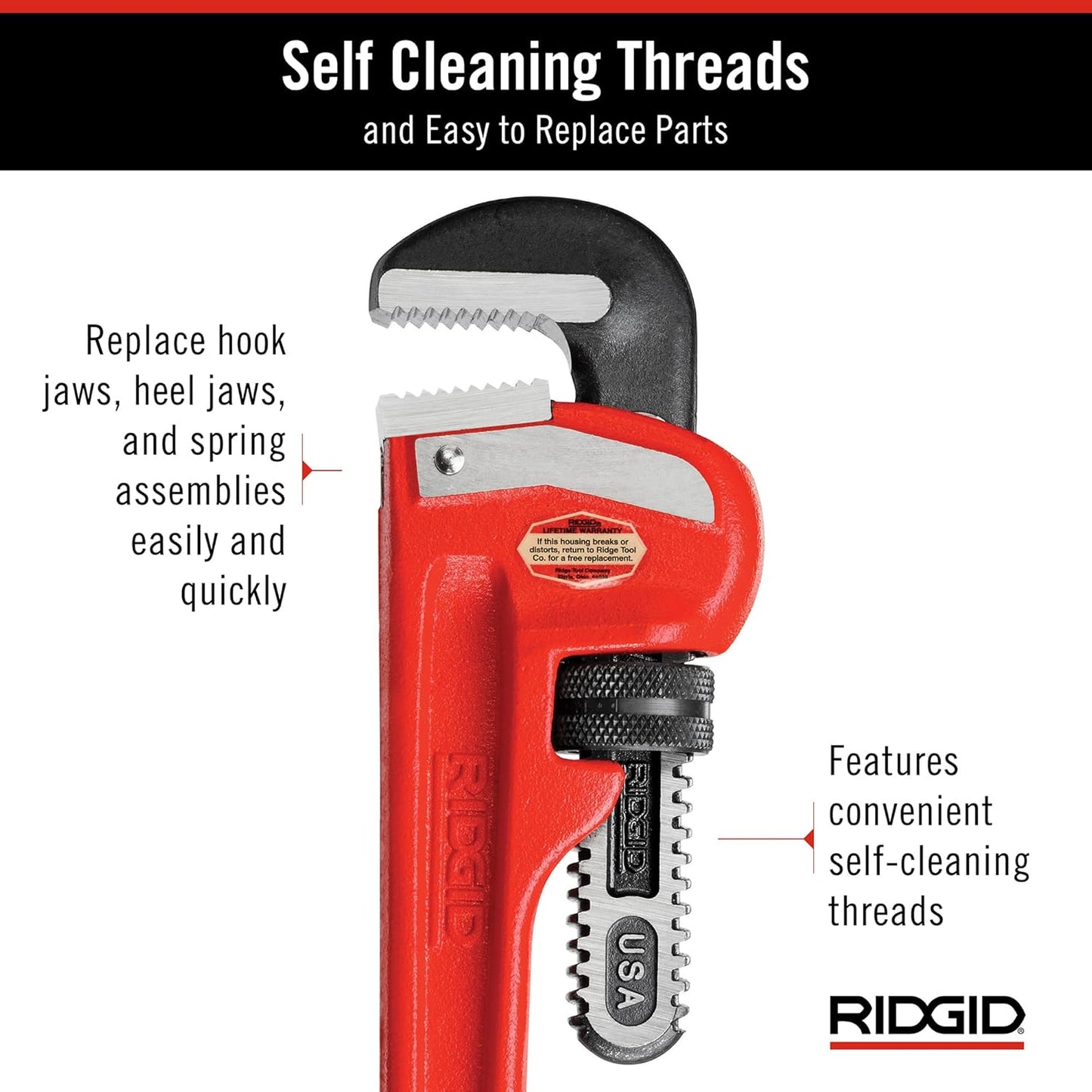 RIDGID 31030 24" Heavy-Duty Straight Pipe Wrench – Self-Cleaning, Hook Jaw, Red