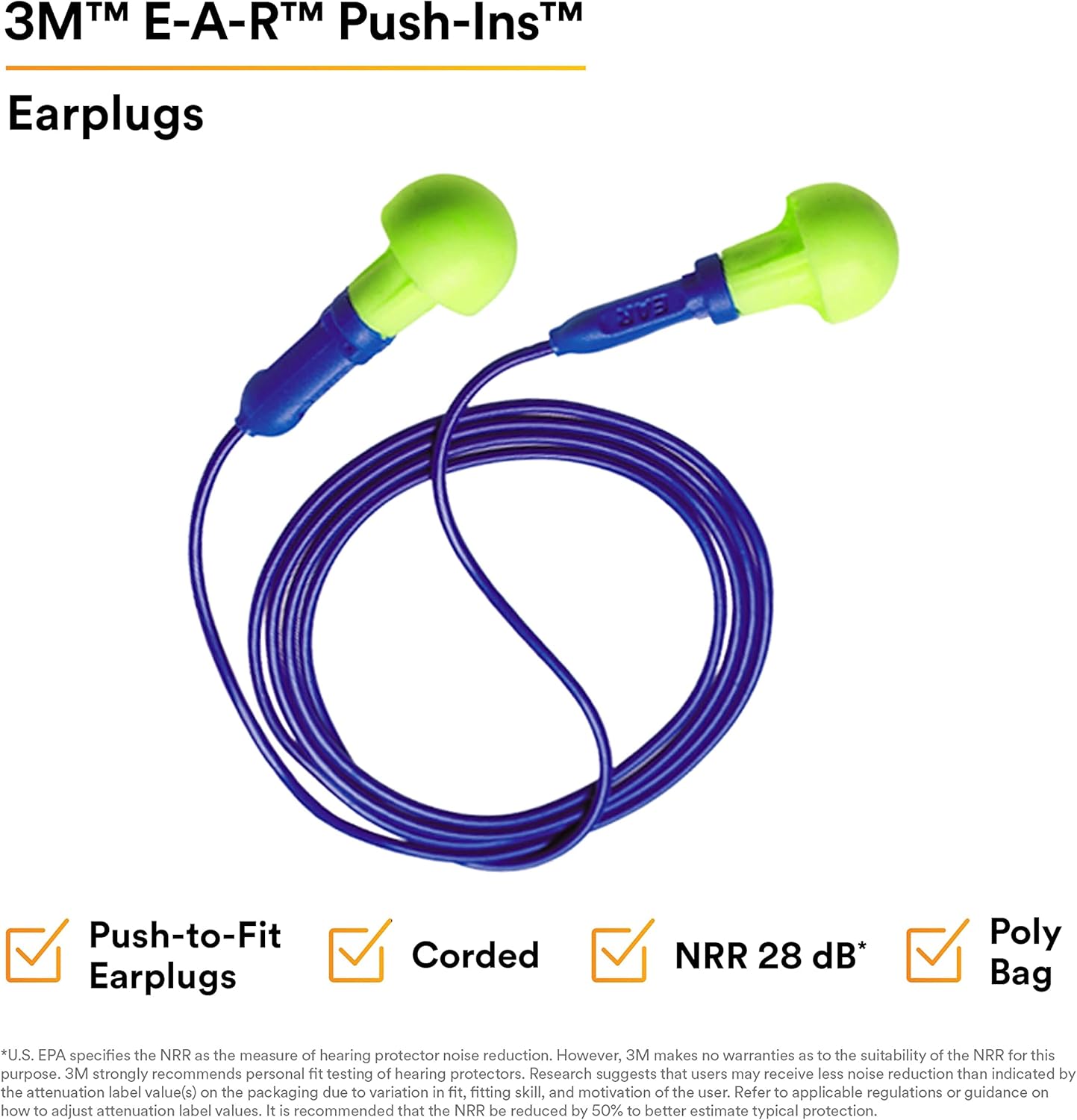 3M E-A-R Push-Ins Earplugs 318-1001, Corded, Noise Reduction Rating 28 dB – Yellow/Blue – 100 Pairs in Poly Bag