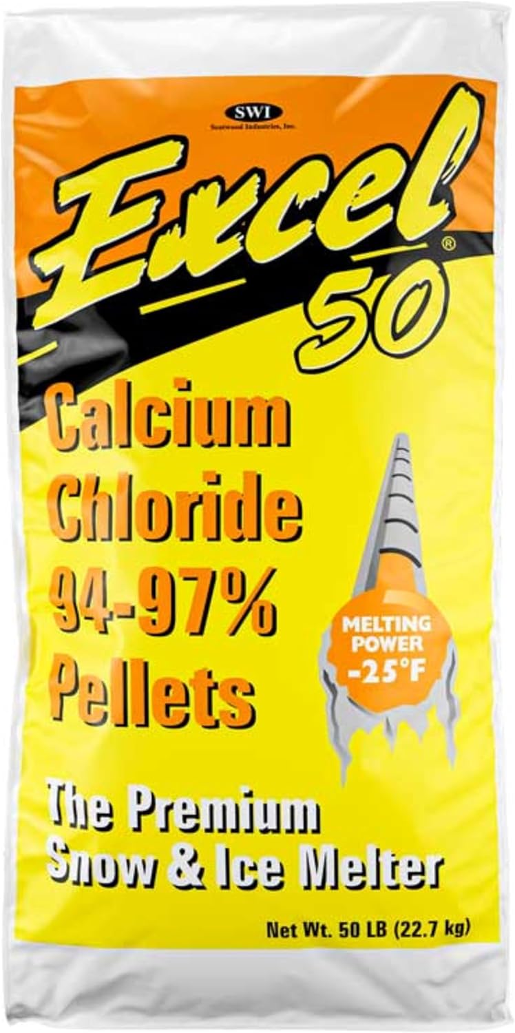 Bag of Excel 50 Calcium Chloride Pellets for snow and ice melting