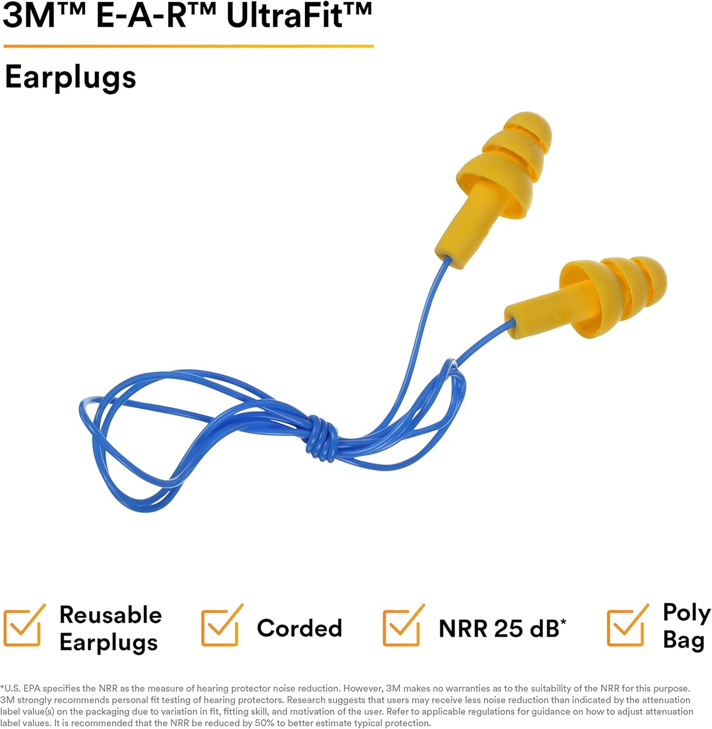 3M E-A-R UltraFit™ Corded Earplugs – Reusable Triple-Flange, 25 dB NRR – 100 Pairs (Model 340-4004)